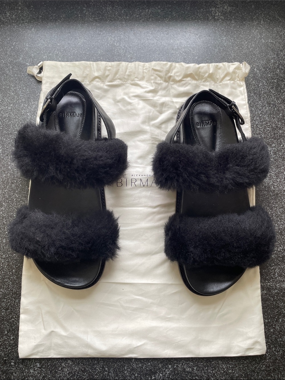 EUC Alexandre Birman Size US 7/EU 37 Black Shearling Double-Strap Leather Sandal